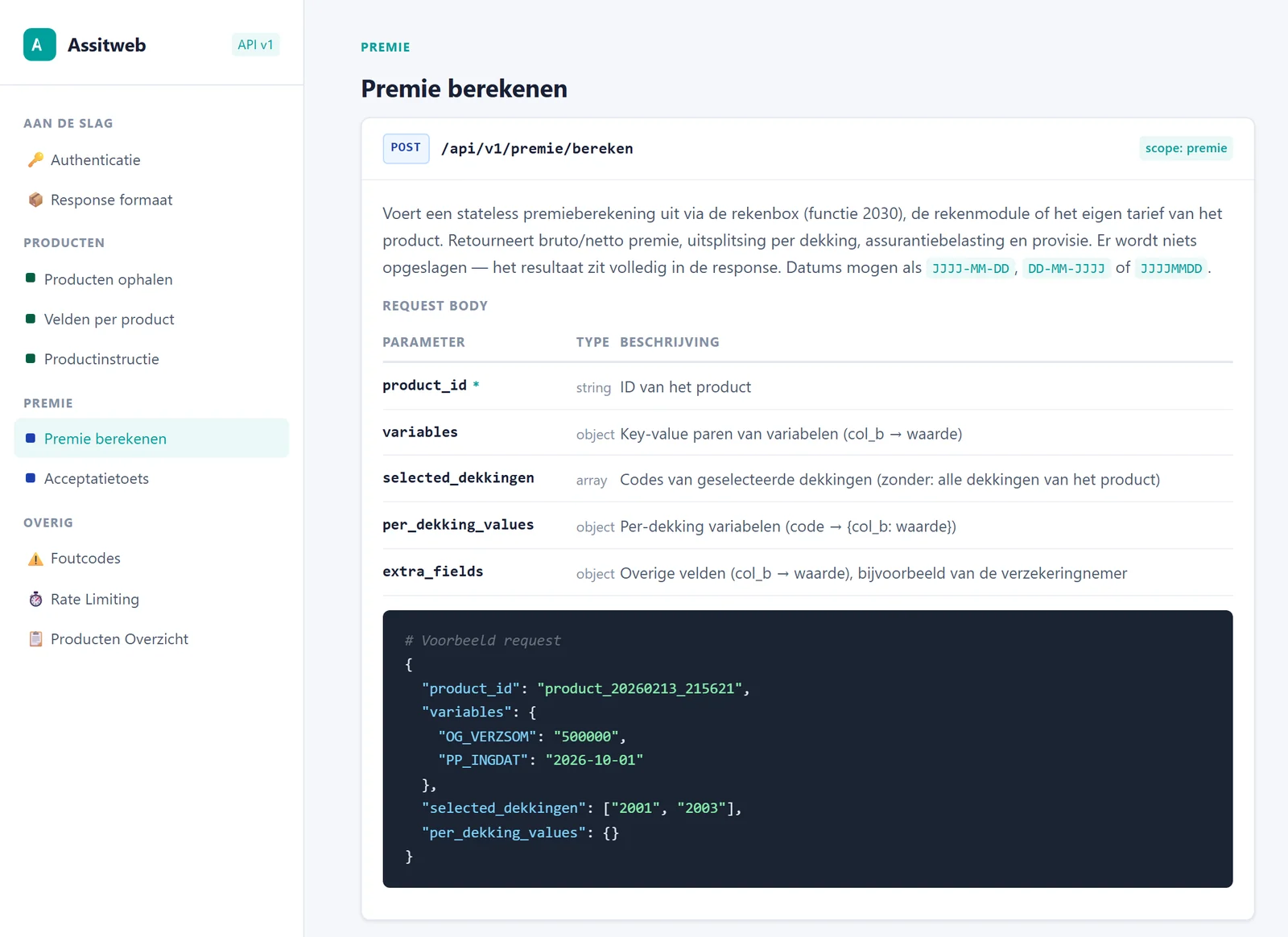De API-documentatie van Assitweb bij Premie berekenen: POST /api/v1/premie/bereken met de parameters en een voorbeeldverzoek