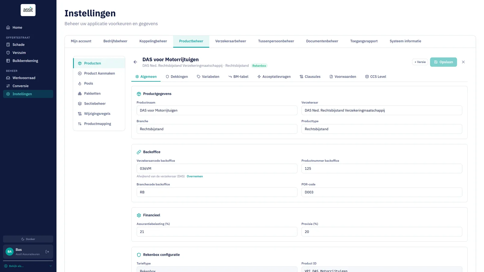 Producteditor, tab Algemeen: backoffice-codes, financiële gegevens en de rekenbox-configuratie