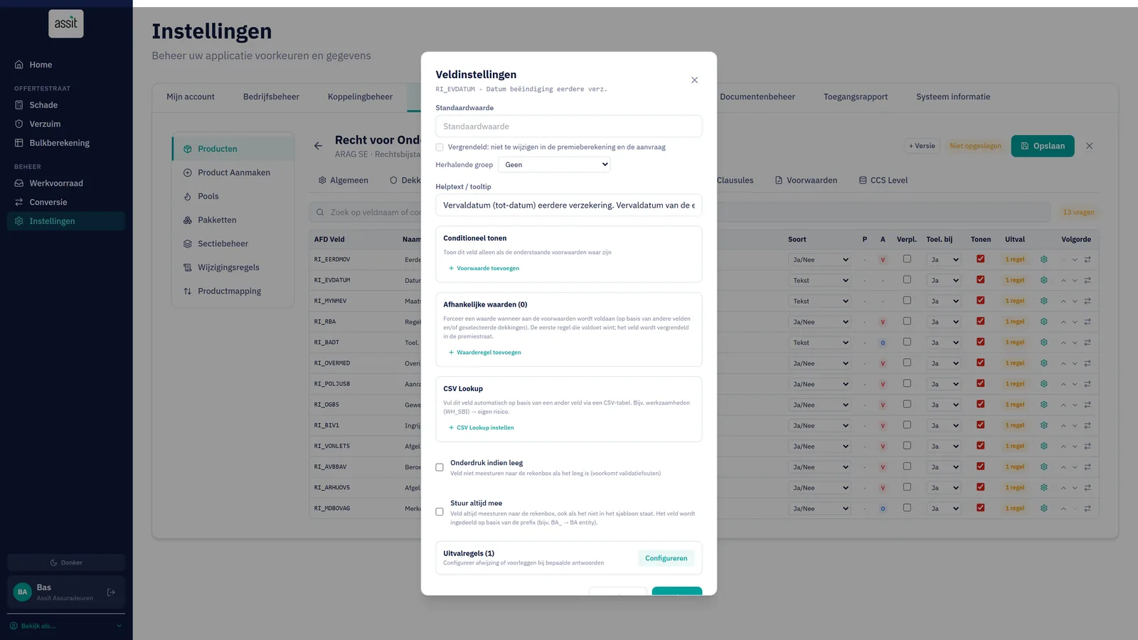 Producteditor met de veldinstellingen van een acceptatievraag: voorwaarden voor tonen, CSV-lookup en uitvalregels